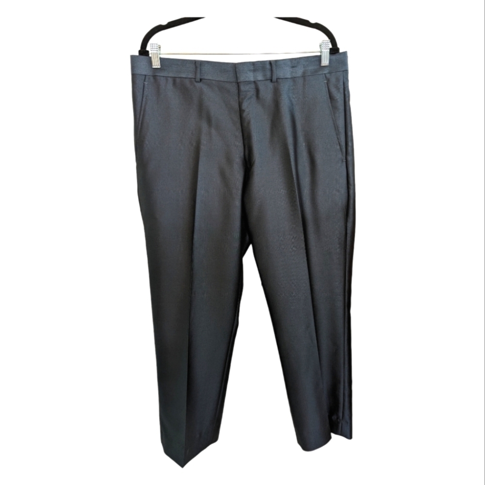 Billy London UK Blue Gray Sharkskin Mini Herringbone dress pants 36 X 32 hemmed